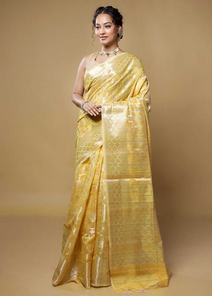 Yellow Kora Silk Saree With Blouse Piece