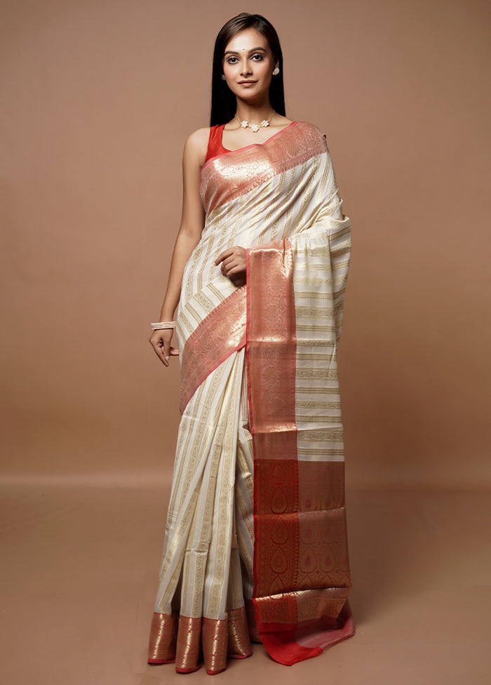 White Kora Silk Saree With Blouse Piece