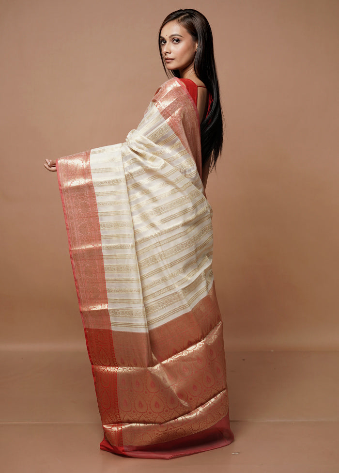 White Kora Silk Saree With Blouse Piece