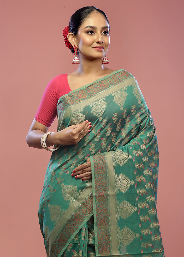 Green Cotton Saree With Blouse Piece - Indian Silk House Agencies