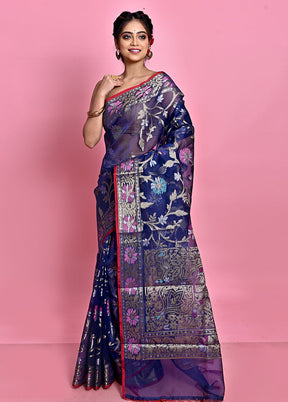 Blue Organza Saree With Blouse Piece - Indian Silk House Agencies