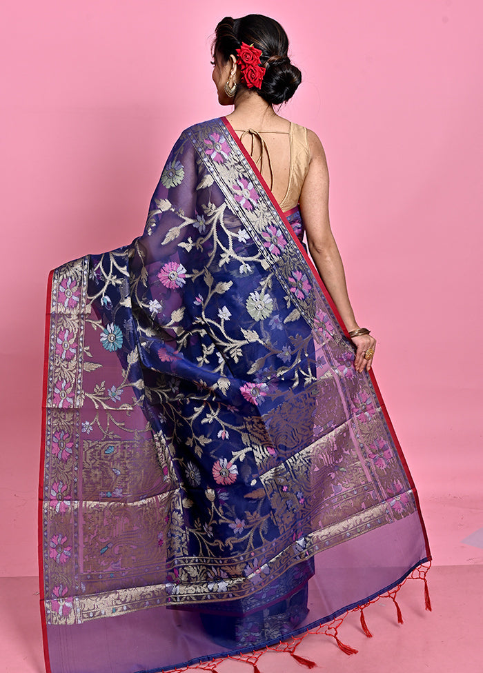 Blue Organza Saree With Blouse Piece - Indian Silk House Agencies