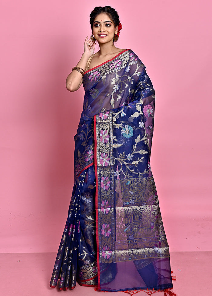 Blue Organza Saree With Blouse Piece - Indian Silk House Agencies