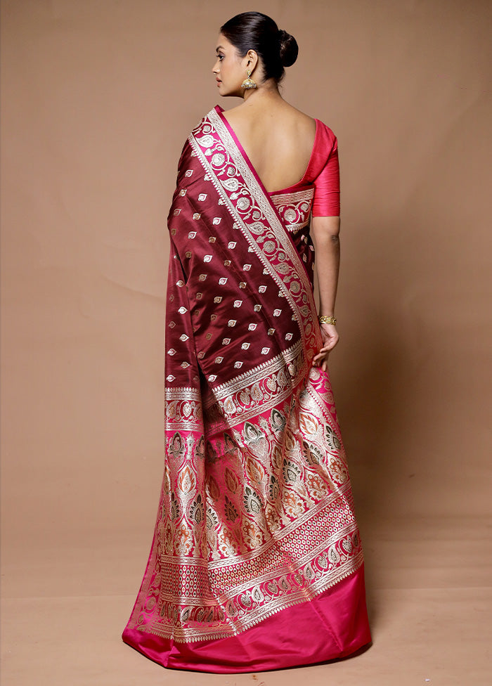 Maroon Handloom Banarasi Pure Silk Saree With Blouse Piece