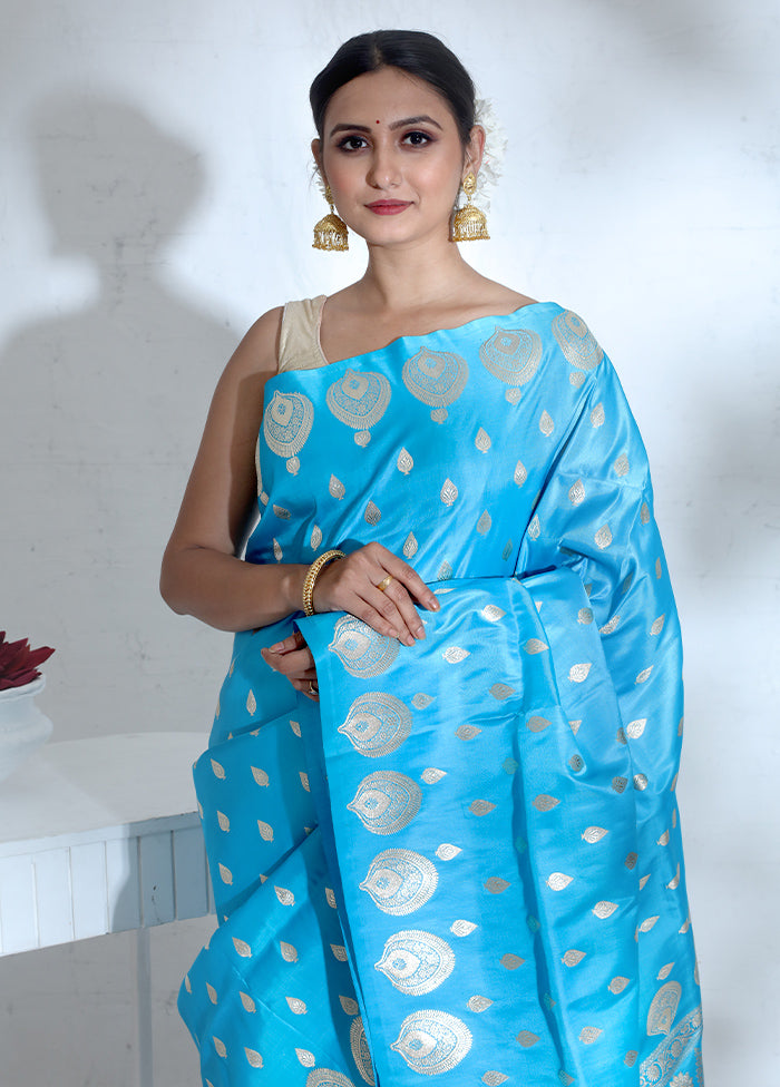 Blue Banarasi Pure Silk Saree With Blouse Piece - Indian Silk House Agencies