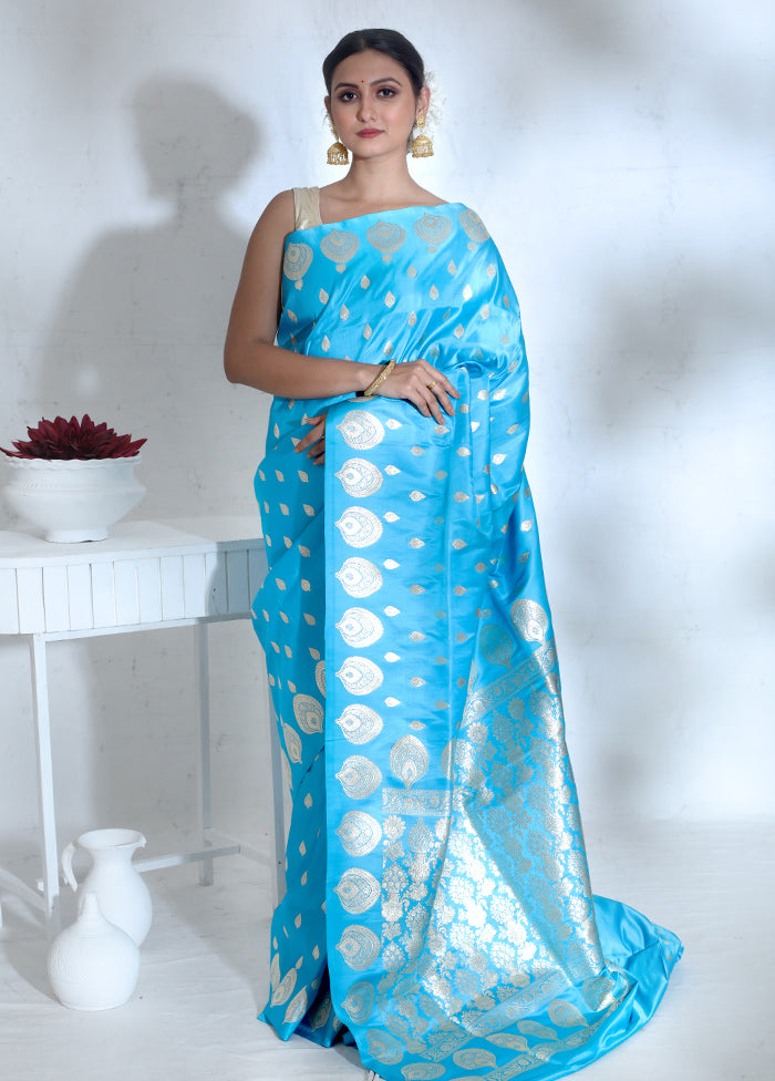 Blue Banarasi Pure Silk Saree With Blouse Piece - Indian Silk House Agencies