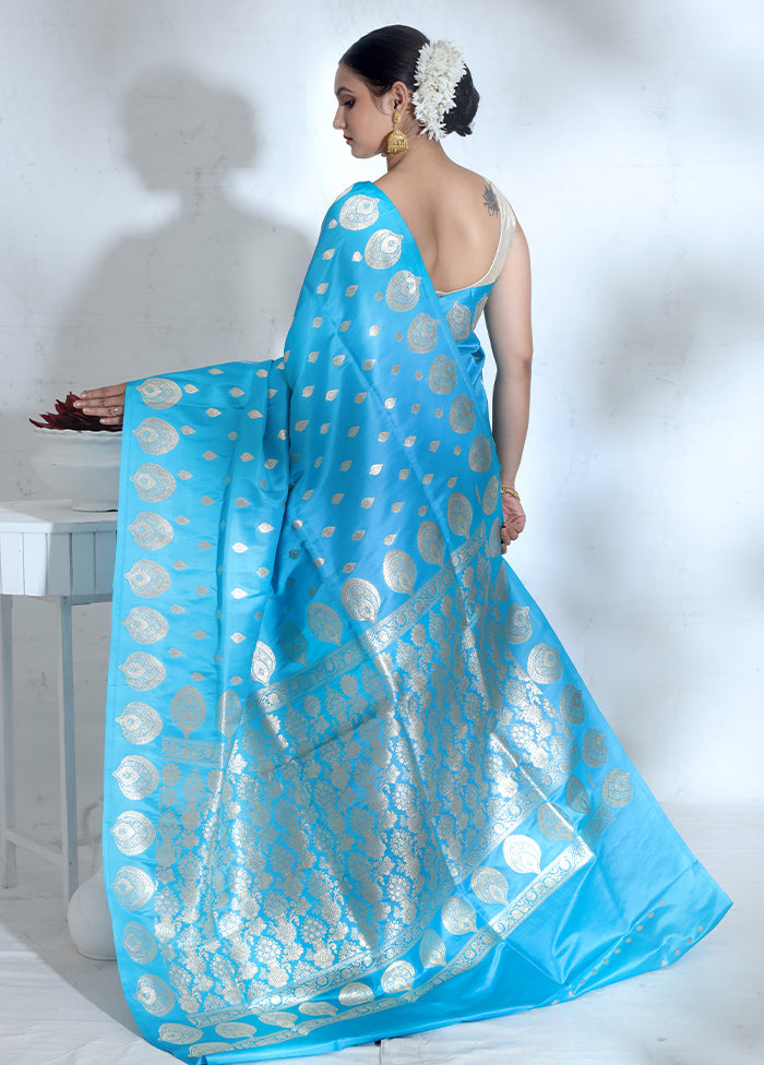 Blue Banarasi Pure Silk Saree With Blouse Piece - Indian Silk House Agencies