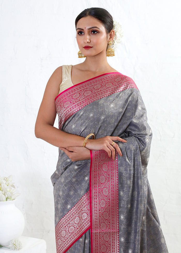 Grey Tussar Silk Saree With Blouse Piece - Indian Silk House Agencies