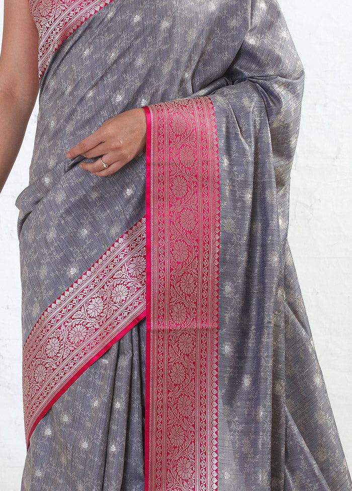 Grey Tussar Silk Saree With Blouse Piece - Indian Silk House Agencies