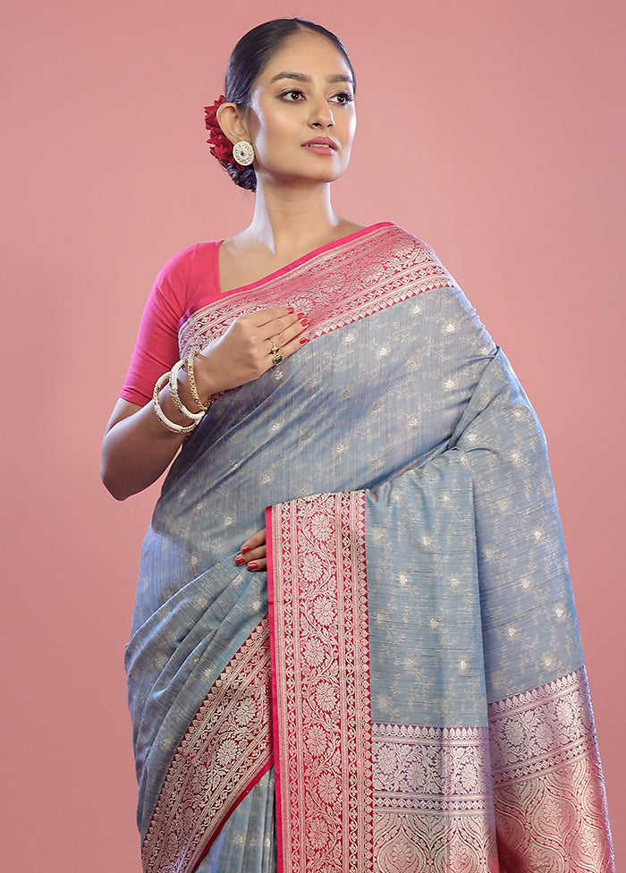 Blue Tussar Silk Saree With Blouse Piece - Indian Silk House Agencies