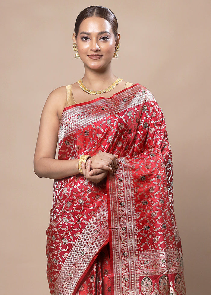 Red Handloom Banarasi Pure Silk Saree With Blouse Piece