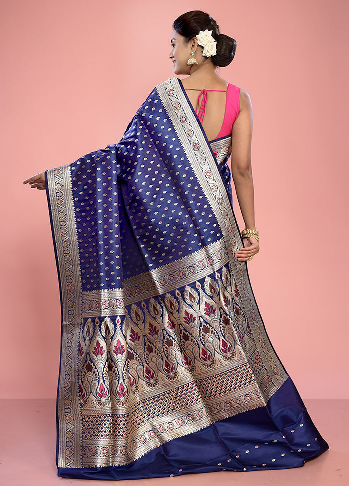 Blue Banarasi Pure Silk Saree With Blouse Piece - Indian Silk House Agencies