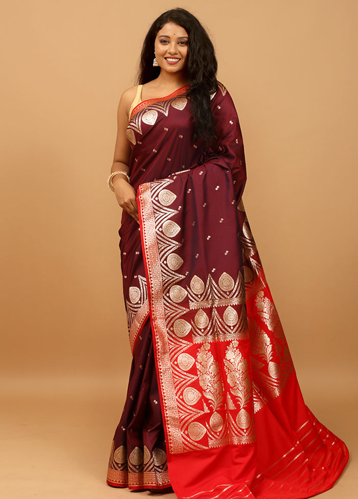 Maroon Banarasi Silk Saree With Blouse Piece