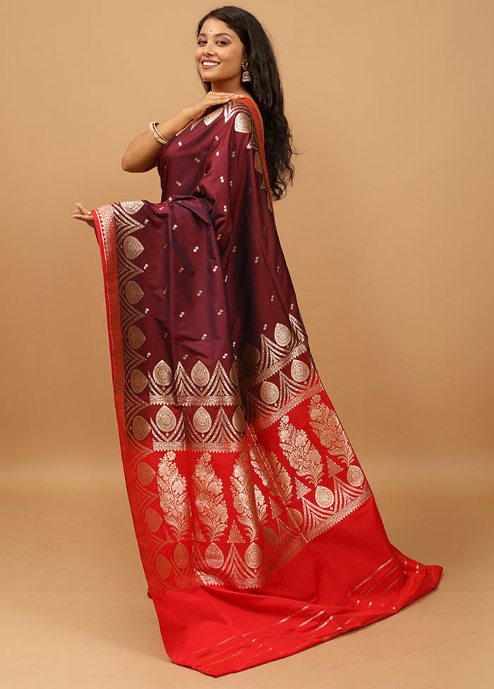 Maroon Banarasi Silk Saree With Blouse Piece