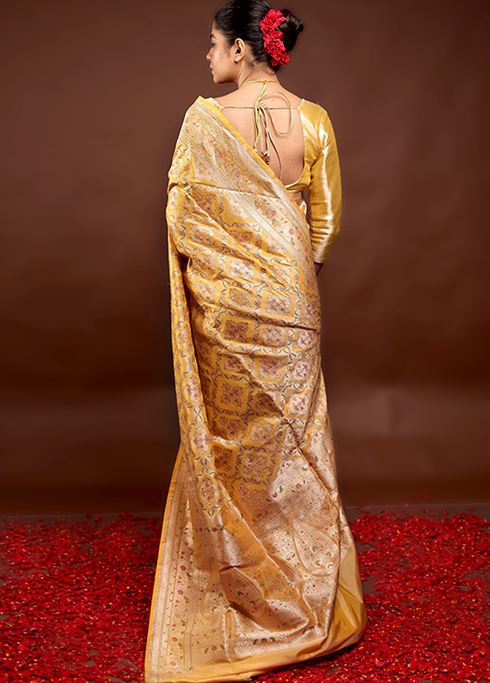 Yellow Handloom Katan Pure Silk Saree With Blouse Piece