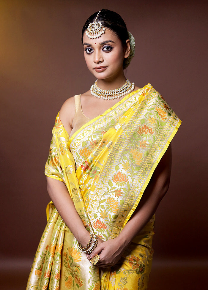 Yellow Handloom Katan Pure Silk Saree With Blouse Piece