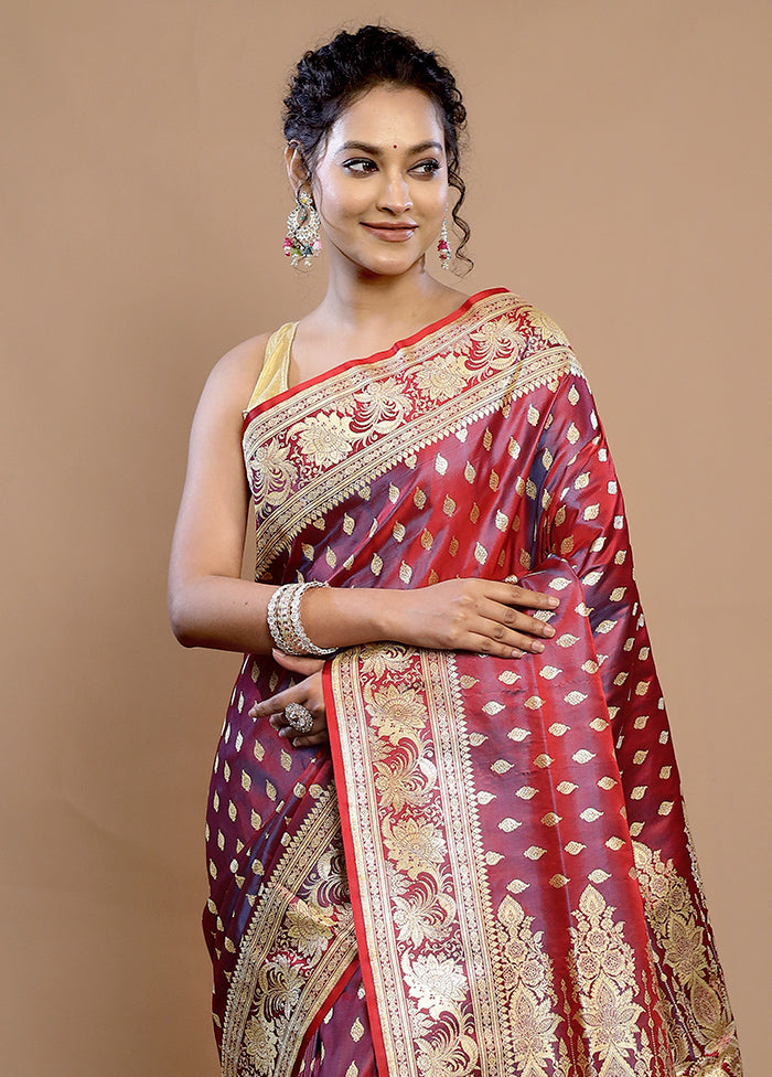 Maroon Banarasi Pure Silk Saree With Blouse Piece - Indian Silk House Agencies