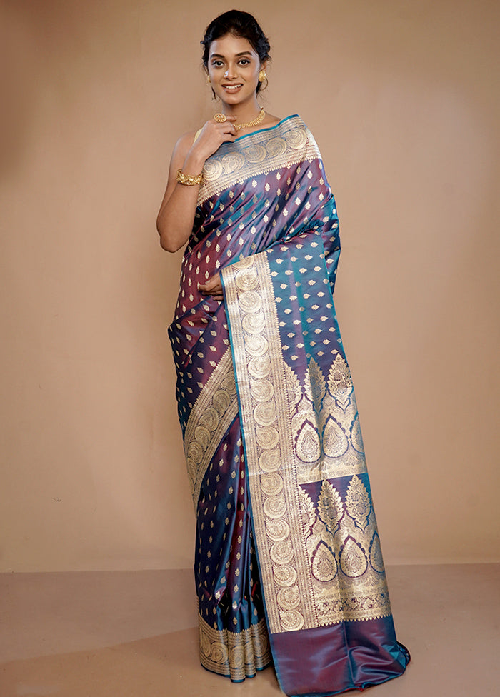 Blue Banarasi Pure Silk Saree With Blouse Piece - Indian Silk House Agencies