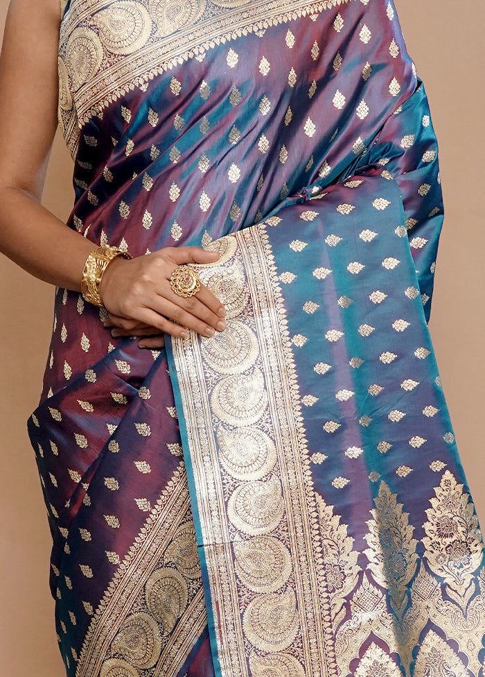 Blue Banarasi Pure Silk Saree With Blouse Piece - Indian Silk House Agencies