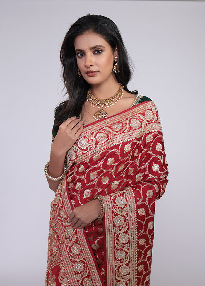 Maroon Handloom Banarasi Pure Silk Saree With Blouse Piece