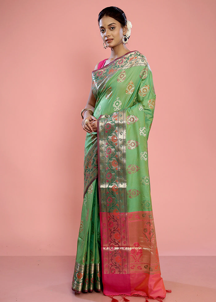 Green Dupion Silk Saree With Blouse Piece - Indian Silk House Agencies