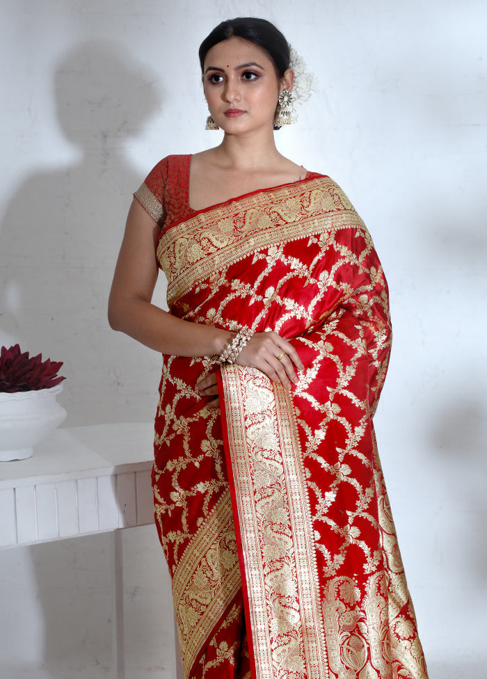 Maroon Banarasi Pure Silk Saree With Blouse Piece - Indian Silk House Agencies