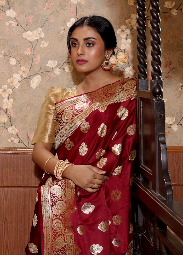 Maroon Pure Banarasi Silk Saree With Blouse Piece - Indian Silk House Agencies