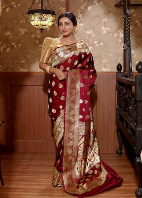 Maroon Pure Banarasi Silk Saree With Blouse Piece - Indian Silk House Agencies