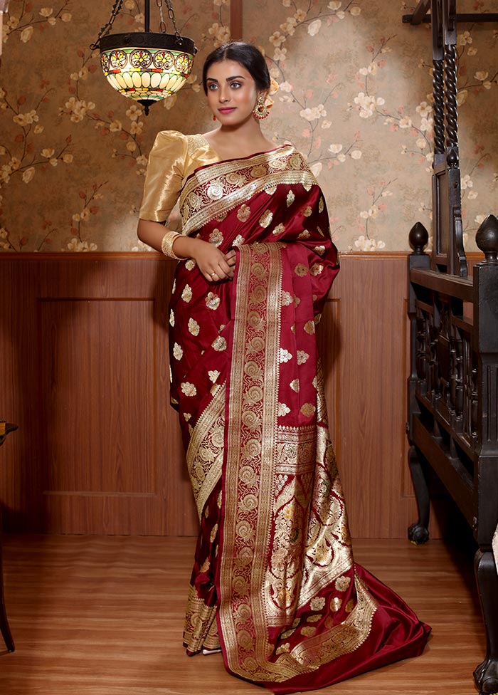 Maroon Pure Banarasi Silk Saree With Blouse Piece - Indian Silk House Agencies