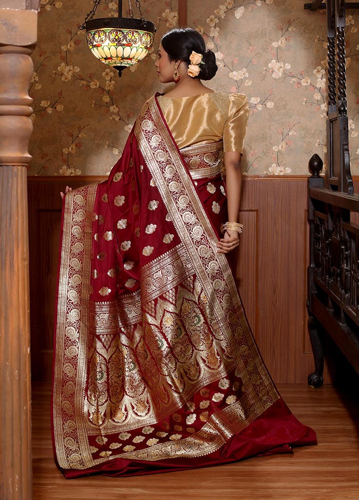 Maroon Pure Banarasi Silk Saree With Blouse Piece - Indian Silk House Agencies