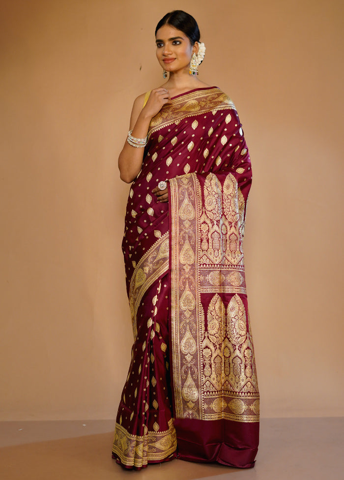 Maroon Banarasi Pure Silk Saree With Blouse Piece - Indian Silk House Agencies