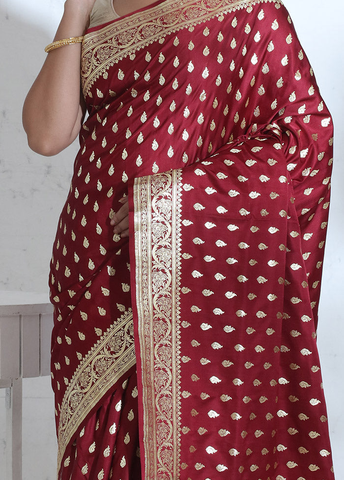 Maroon Banarasi Pure Silk Saree With Blouse Piece - Indian Silk House Agencies