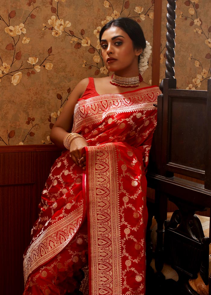 Red Pure Banarasi Silk Saree With Blouse Piece - Indian Silk House Agencies