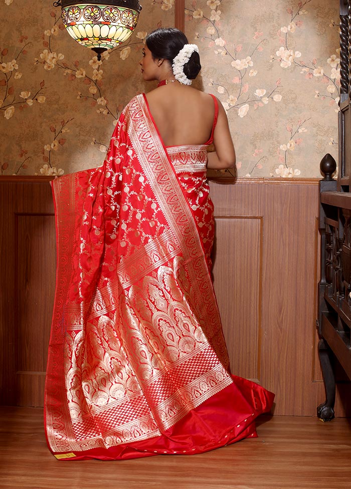 Red Pure Banarasi Silk Saree With Blouse Piece - Indian Silk House Agencies