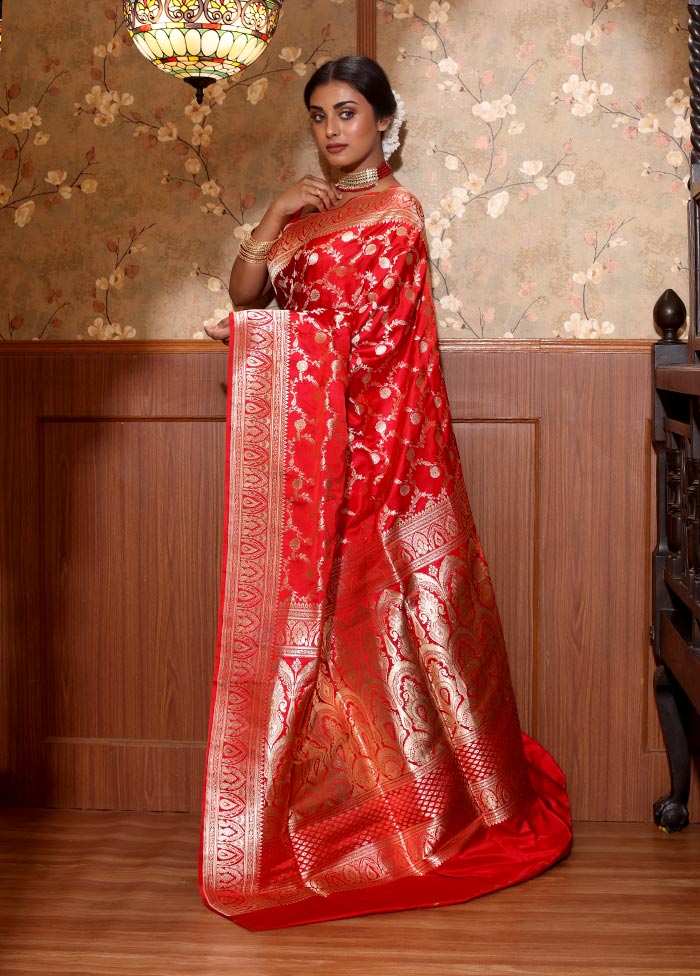 Red Pure Banarasi Silk Saree With Blouse Piece - Indian Silk House Agencies