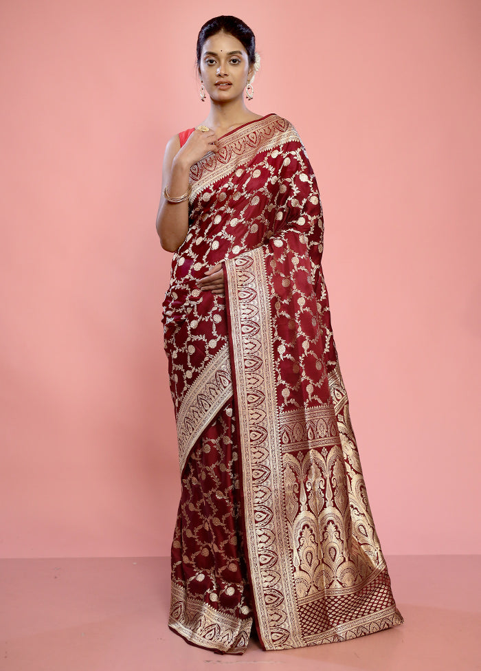 Maroon Banarasi Pure Silk Saree With Blouse Piece - Indian Silk House Agencies