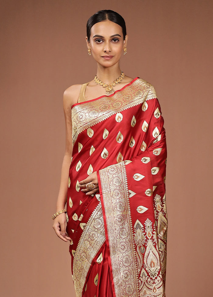 Red Handloom Banarasi Pure Silk Saree With Blouse Piece