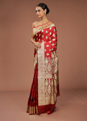 Red Handloom Banarasi Pure Silk Saree With Blouse Piece