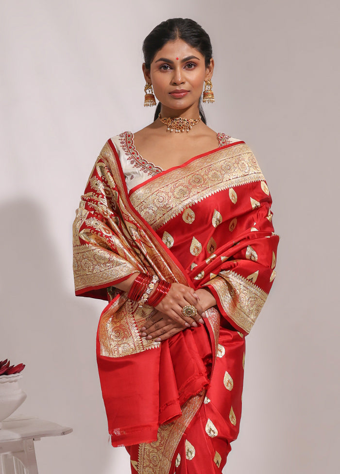 Red Handloom Banarasi Pure Silk Saree With Blouse Piece