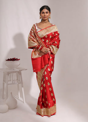 Red Handloom Banarasi Pure Silk Saree With Blouse Piece
