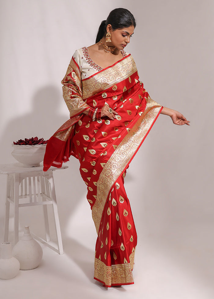 Red Handloom Banarasi Pure Silk Saree With Blouse Piece