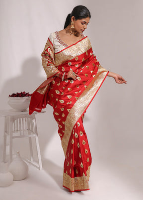 Red Handloom Banarasi Pure Silk Saree With Blouse Piece