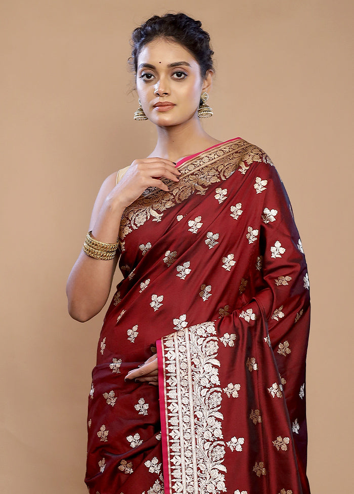 Maroon Banarasi Silk Saree With Blouse Piece - Indian Silk House Agencies