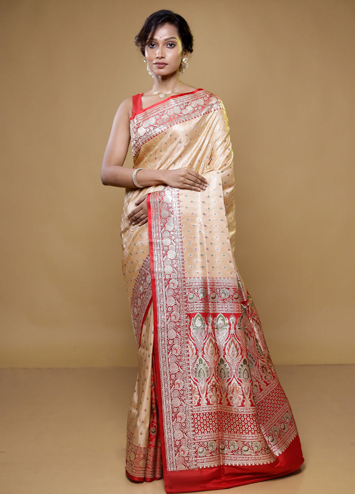 Cream Handloom Banarasi Pure Silk Saree With Blouse Piece