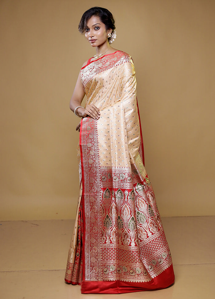 Cream Handloom Banarasi Pure Silk Saree With Blouse Piece