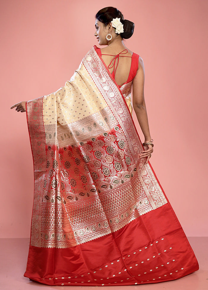 Cream Banarasi Pure Silk Saree With Blouse Piece - Indian Silk House Agencies