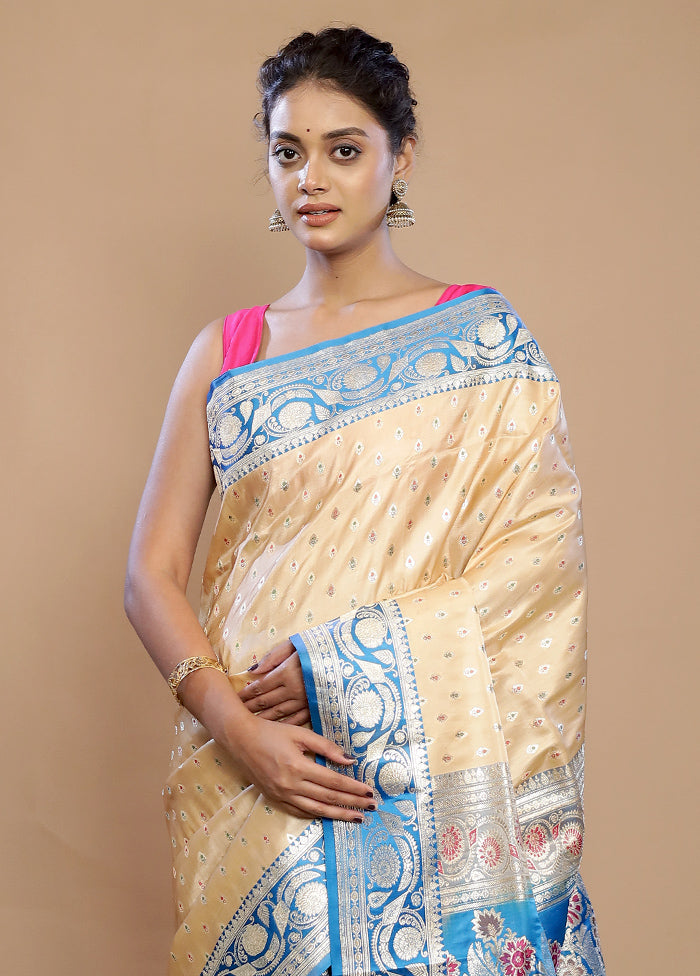 Cream Banarasi Pure Silk Saree With Blouse Piece - Indian Silk House Agencies