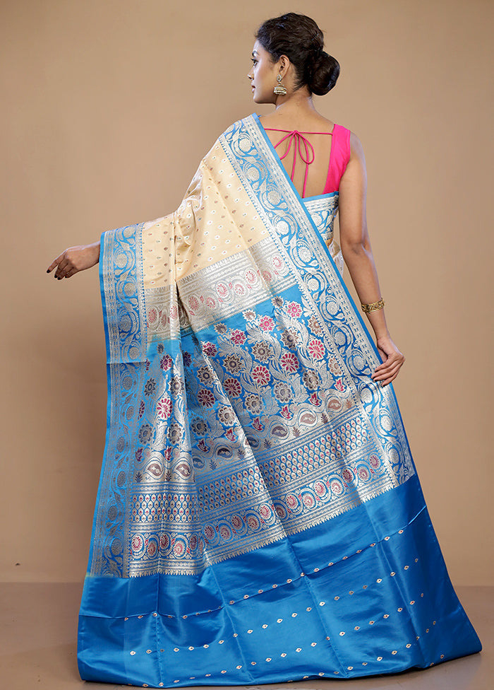 Cream Banarasi Pure Silk Saree With Blouse Piece - Indian Silk House Agencies