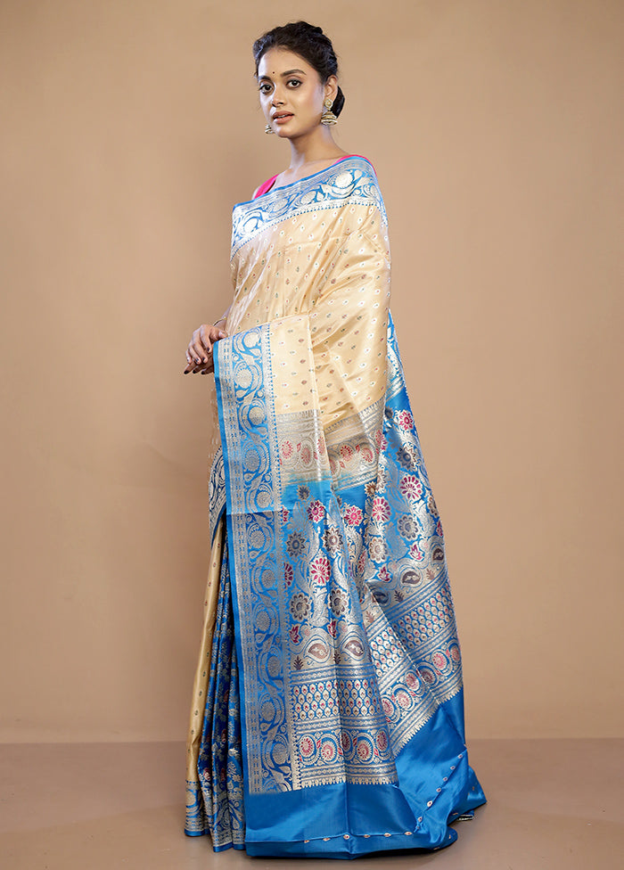 Cream Banarasi Pure Silk Saree With Blouse Piece - Indian Silk House Agencies