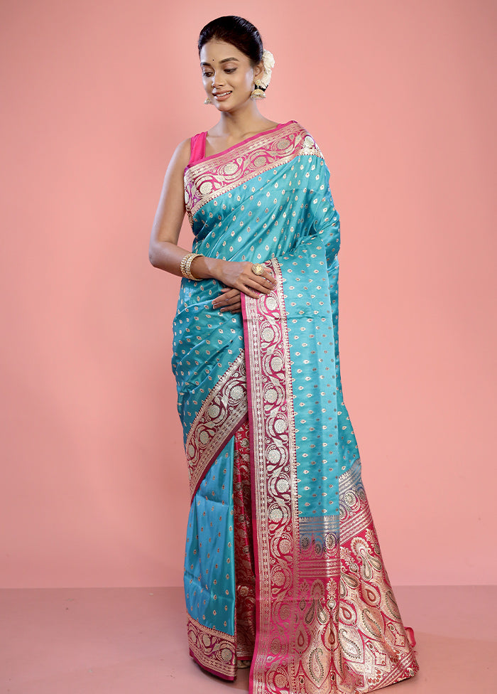 Blue Banarasi Pure Silk Saree With Blouse Piece - Indian Silk House Agencies